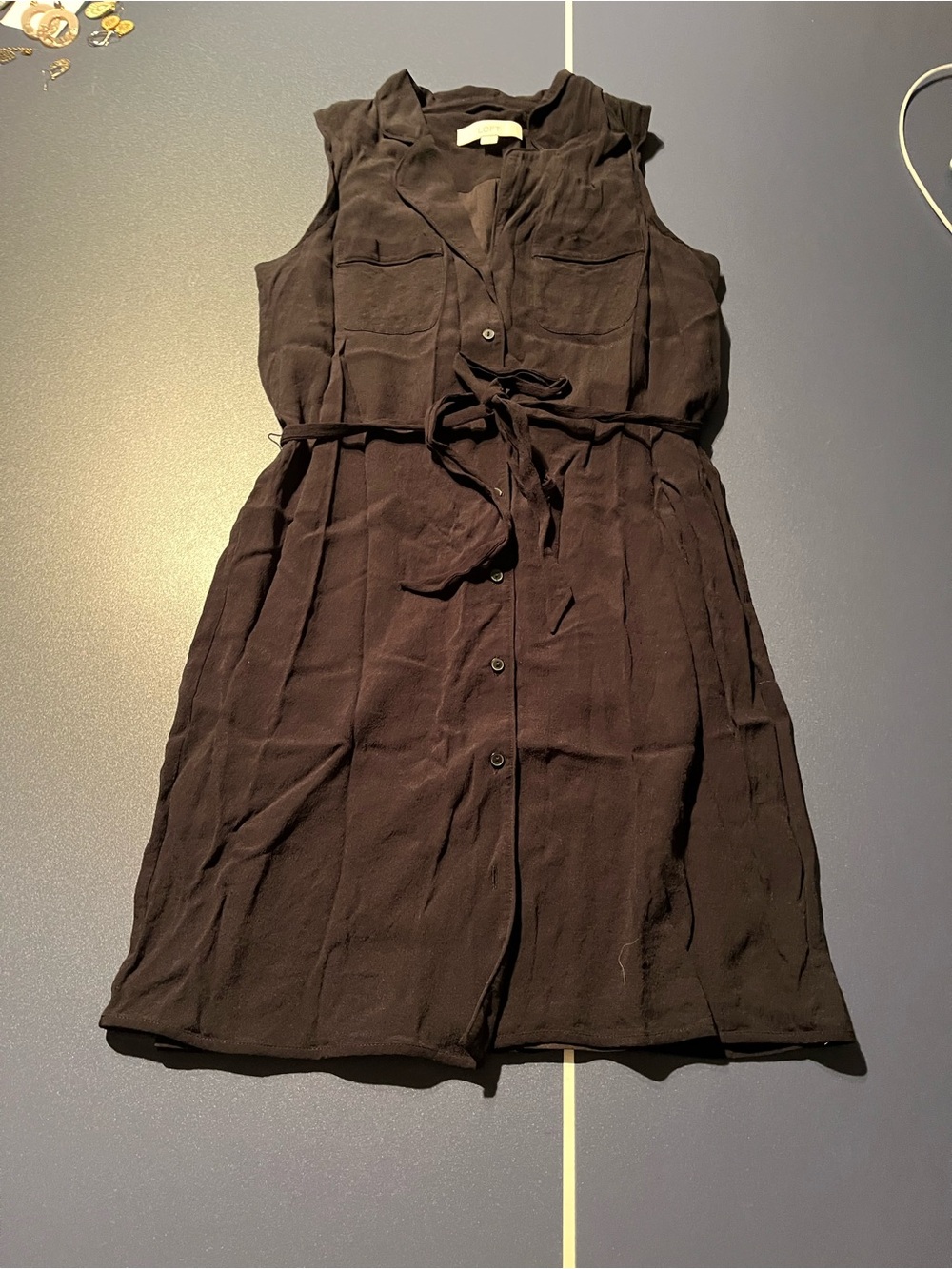 LOFT Sleeveless Button-Front Black Dress with Waist Tie